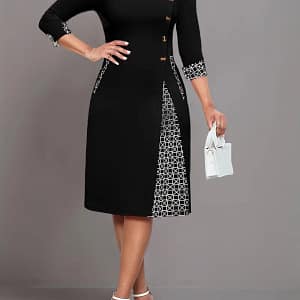Elegant Fit and Flare Crew Neck Dress black
